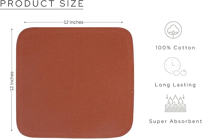 PurpleEssences Rust Dish Cloths and Dish Rags - 6 Pack Waffle Weave Solid Kitchen Dish Wash Cloths, 100% Cotton, 12 x 12 Inches, Ultra Soft Absorbent Quick Drying - Fall Thanksgiving - Rust