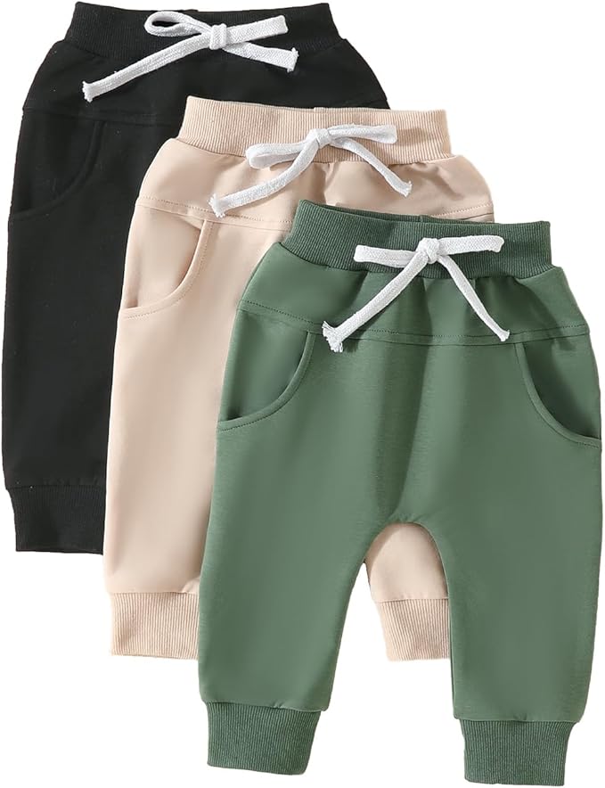 Sejardin Toddler Baby Boy Girl Pants 3 Pack Solid Color Elastic Waist Jogger Sweatpants Newborn Infant Casual Bottoms