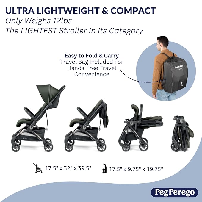 Peg Perego Volo, Ultra Lightweight Carry On Compliant Travel Stroller, Adjustable Features & Reclining Seat - Designed for Everyday Comfort from Newborn to 50lbs, Malva (Dusty Rose)