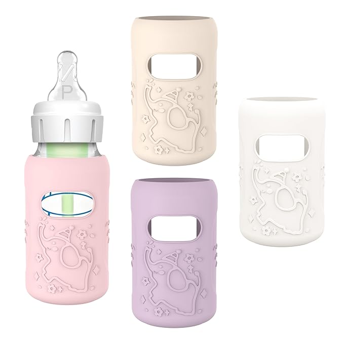 KingKam 4 Pack Silicone Sleeves for Dr. Brown's Glass Baby Bottles, Anti Breakage Baby Bottle Sleeves Holder, Compatible with Dr. Brown's Newborn Narrow Glass Baby Bottles 4oz
