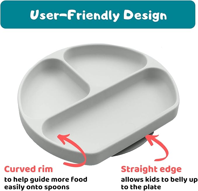Silikong Suction Plate for Toddlers | BPA Free, 100% Food-Grade Silicone | Microwave, Dishwasher and Oven Safe | Stay Put Divided Baby Feeding Plates (1, Grey)