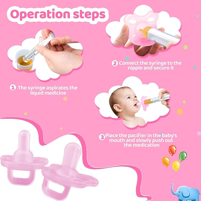 Baby Medicine Dispenser, Baby Medicine Syringe, 0 Months and up Baby Pacifiers, 100% Silicone Pacifiers, BPA-Free (Pink)
