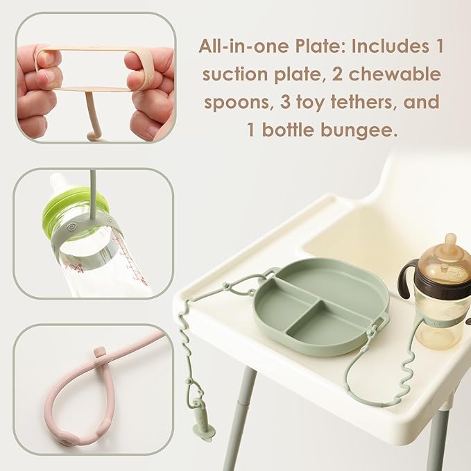 Andy Bear Silicone Plates for Babies with Suction Divided Baby Spoons Silicone Baby Toy Straps All-in-one Plates Silicone Placemat for Babies Toddlers Attachable Tethers & Built-in Suction Cups-Blush