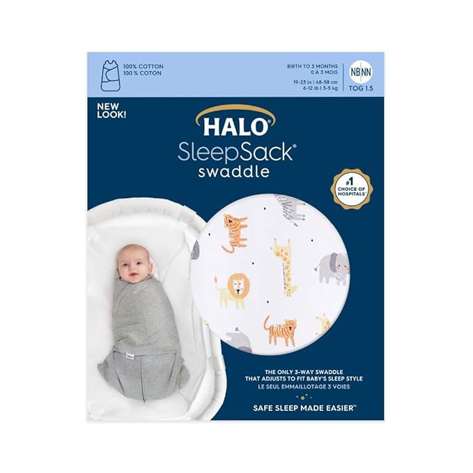 HALO 100% Cotton Sleepsack Swaddle, 3-Way Adjustable Wearable Blanket, TOG 1.5, Jungle Cotton, Small, 3-6 Months