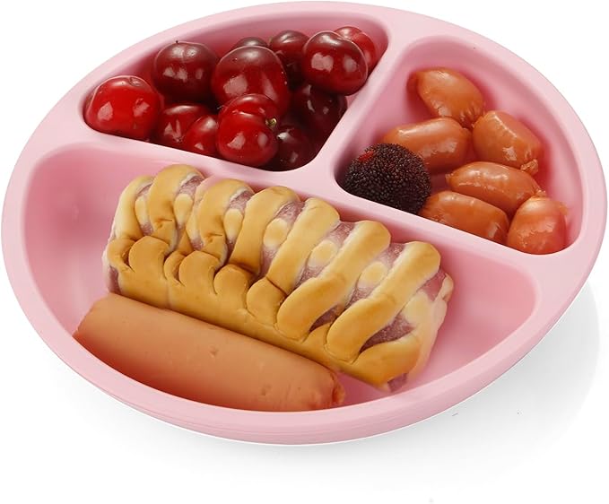PandaEar 3 Pack Toddler Plates, Silicone Divided Suction Plate for Babies, BPA-Free 100% Food-Grade Silicone Unbreakable Baby Plate (Pink/Purple/Blue)