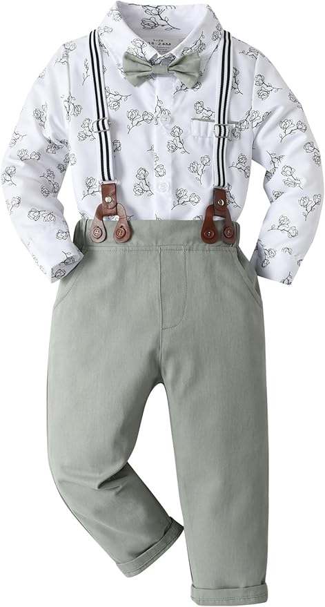 Boarnseorl Baby Boys Pants Sets,Toddler Gentleman Outfits, Infant Long Sleeve Shirt + Pants + Bow Tie + Suspenders