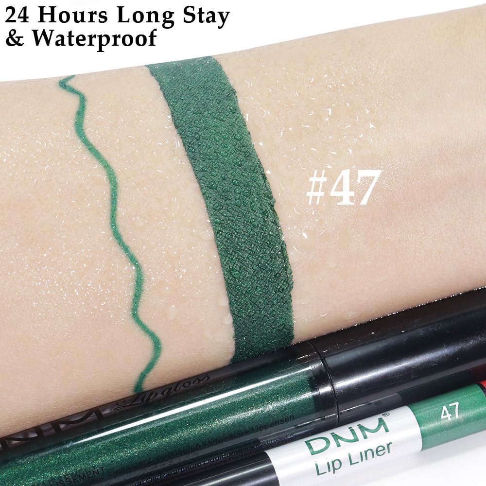 evpct 2Pcs Emerald Green Shimmer Glitte Liquid Lipstick Lip Gloss Stain and Retractable Lip Liner Makeup Set for Women Long Lasting Waterproof 24 Hours Lipstick labial mate larga duracion 24 47#