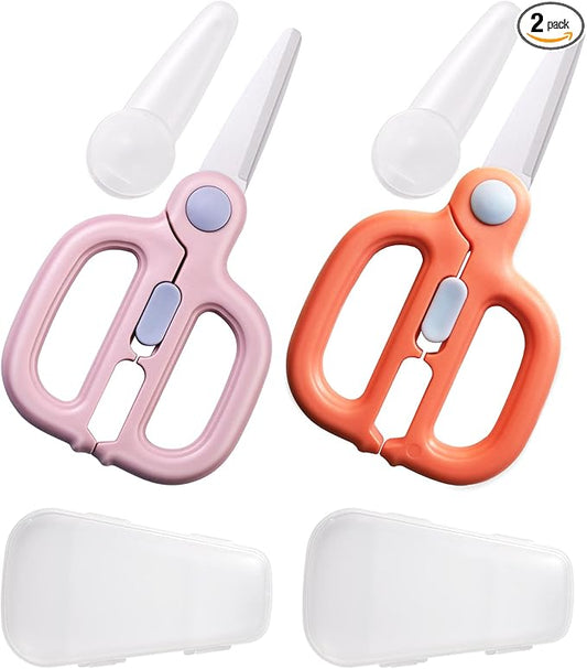 Ceramic Baby Food Scissors Kids with Travel Case, Toddler Scissors with Safety Lock, Ideal for Pizza, Meats, Noodles, Vegetables, and Fruits (A/B)