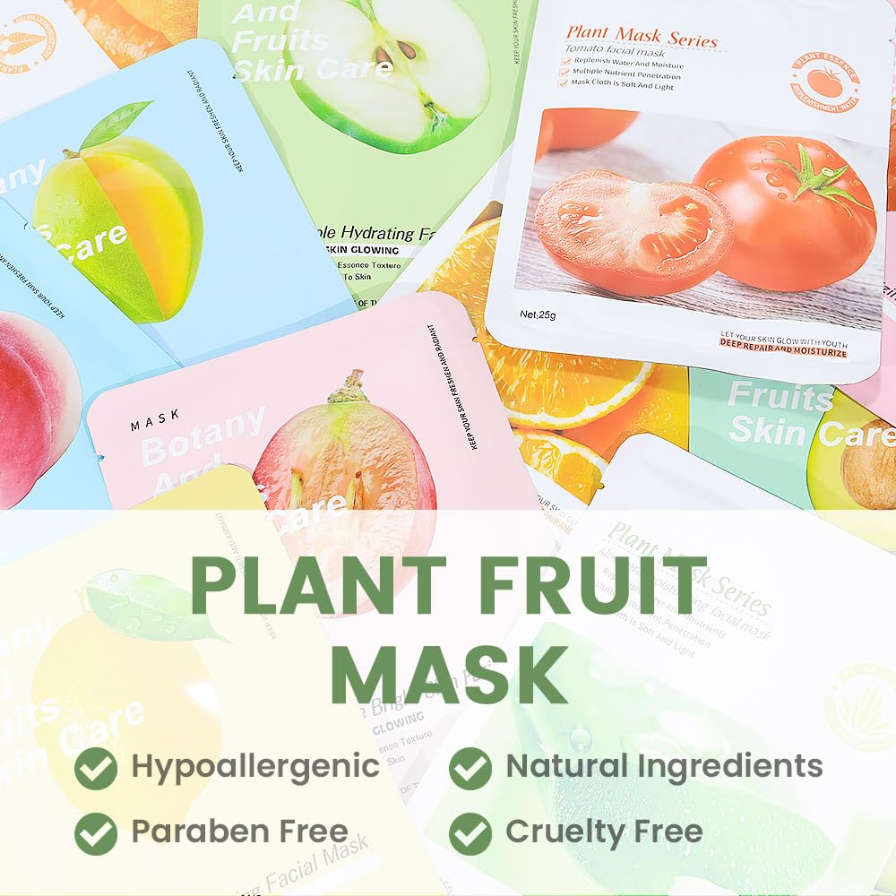 12 Pack Various Fruits Face Sheet Mask Skincare,Hydrating Face Mask For Sensitive Skin,Moisturize,Soothing,Nourish for All Skin Types,Natural Spa Party Facial Mask Skincare Set for Women Men Girls