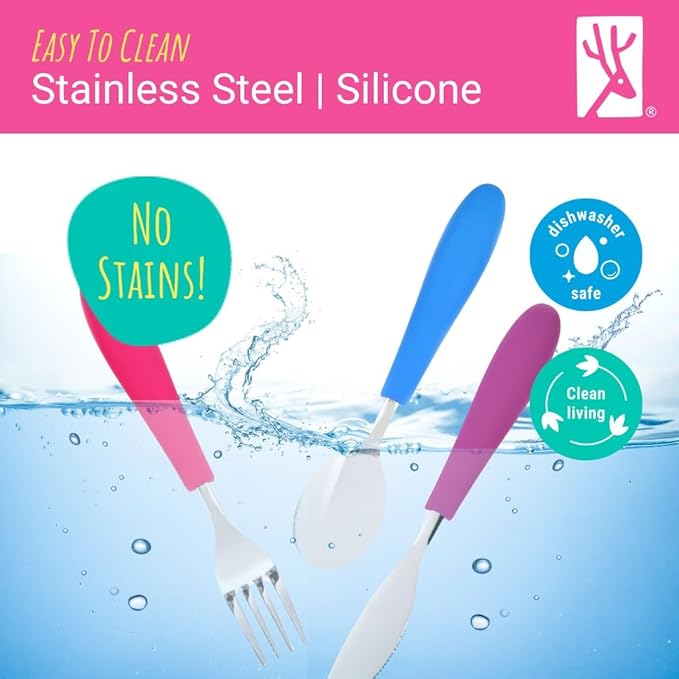 Elk and Friends Kids Silverware with Silicone Handle | Childrens Safe Flatware | Kids Utensils | Spoon + Fork + Knife set | 4 years+ | 6 Pieces