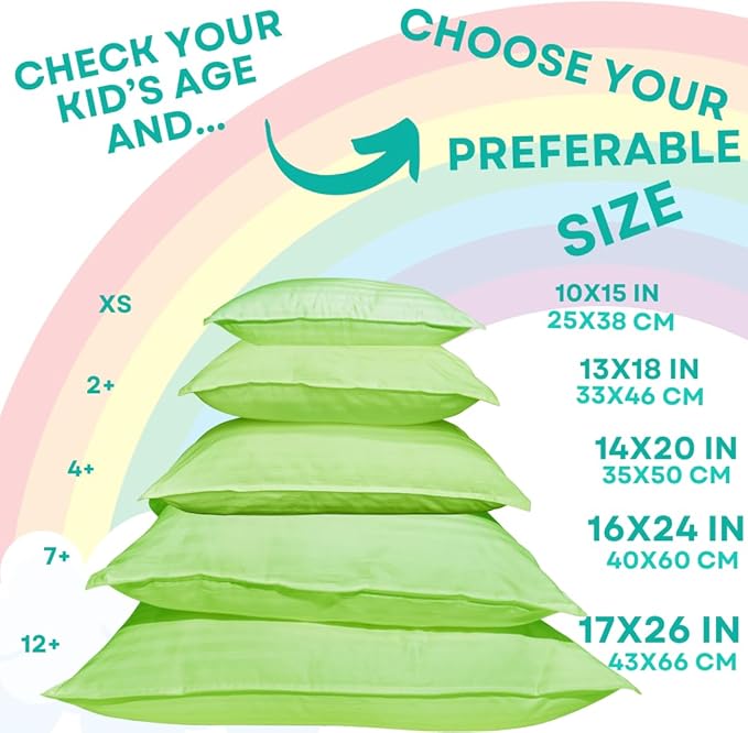 kinder Fluff Toddler Pillow (2Pack) 10x15in - First Pillow for Kids Age 2+, 100% Cotton Sateen Stripes Shell 300T, Down Alternative Fill, Machine Washable - Children & Travel Cushion - Green - XS