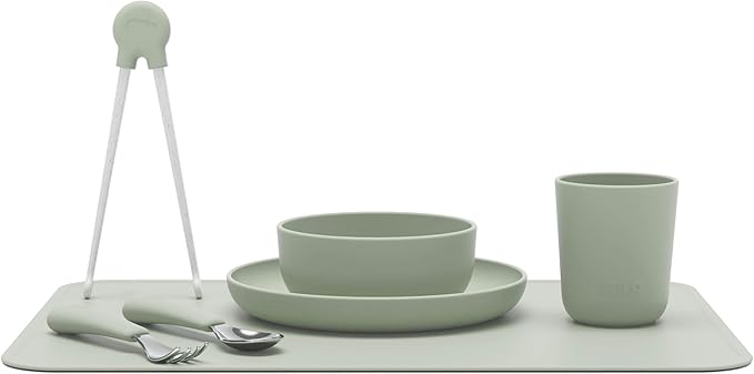 Lalo Big Bites Kids Dinnerware Full Set - Dishwasher Safe, BPA Free, Kids Tableware Set - Includes Stackable Bowl, Plate, Utensils & Cup - 7 Pieces - Sage