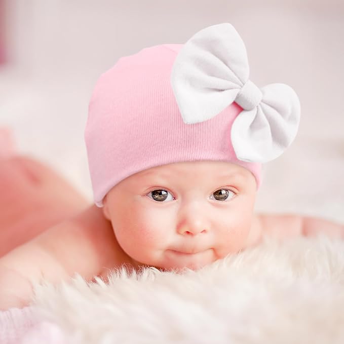 BQUBO Newborn Baby Girls Hats Mittens Set Hospital Hat Beanie Infant Bow Hats Baby Cotton Gloves for 0-6 Months