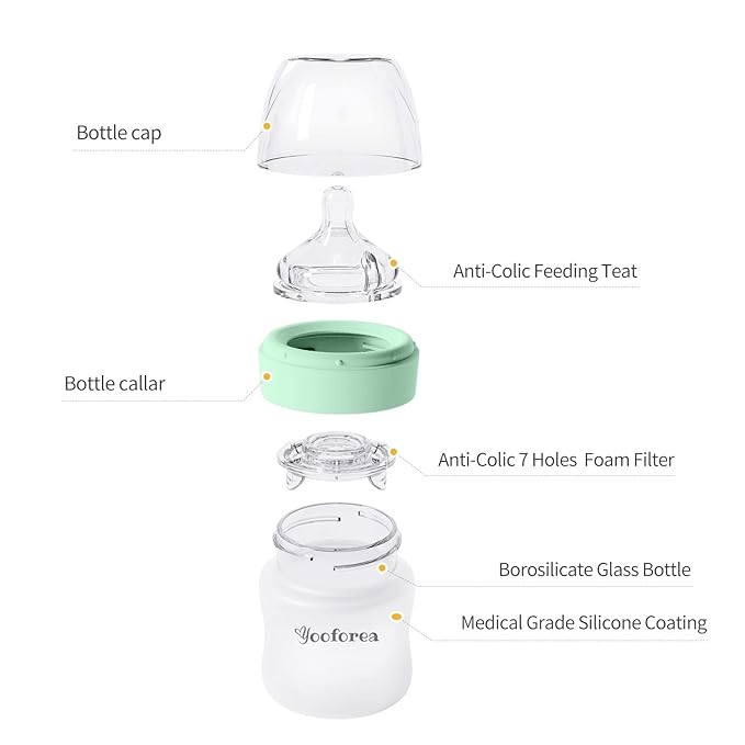 Yooforea Silicone Coated Glass Baby Bottle, 0M+ Slow Flow Nipple I Anti-Colic, Wide Neck, Stable Base I Medical-Grade Silicone Coating for Shatter Protection, BPA BPS PVC Free (2 Pack, 3 Ounce-Tea)
