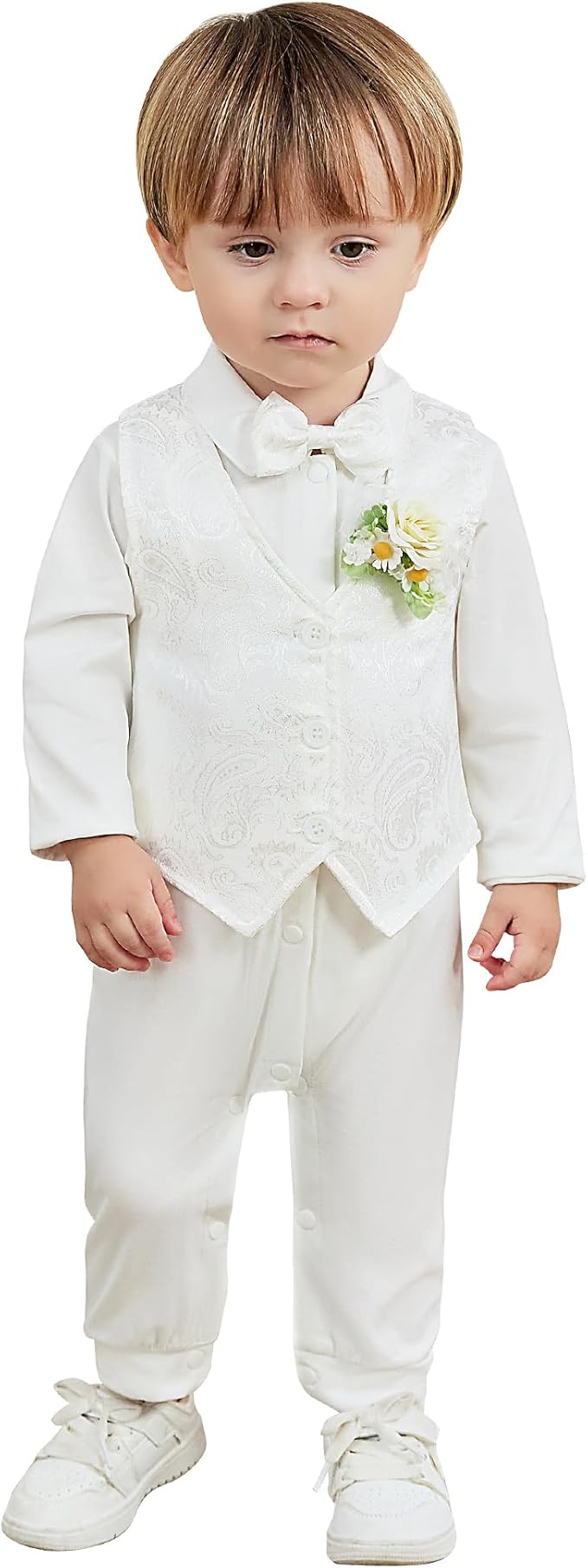 Baby Boy Clothes Gentleman Baby Suit Long Sleeve Romper+Vest+Bow Tie+Corsage 4Pcs Boys Formal Jumpsuit