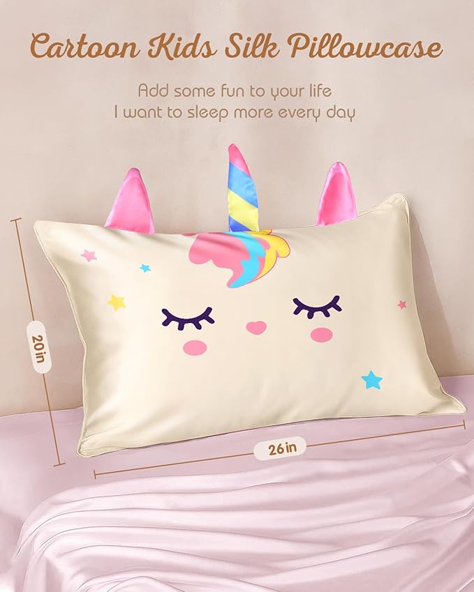 Kids Pillowcases Standard Size 20"x26" - Cute Cartoon Soft Breathable Silk Pillow Cases for Hair and Skin with Hidden Zipper for Girls Fun Kawaii Design for Bedding, White Unicorn