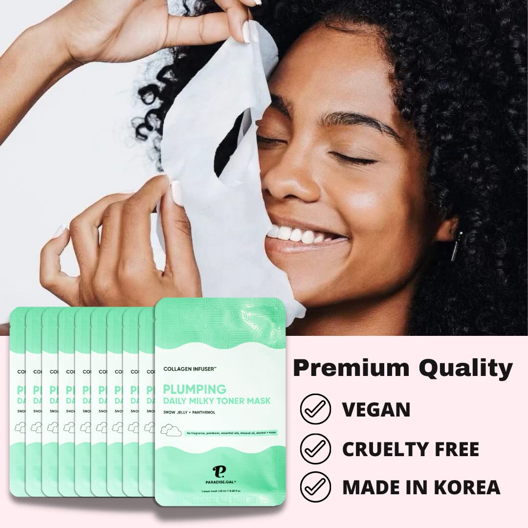 Plumping Face Masks (10-Pack) Korean Skincare Infused with Collagen, Snow Jelly, Panthenol, Niacinamide & Ceramide - Volumizing Solution for Fuller, Youthful Skin