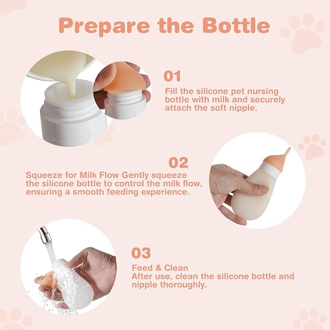 Kitten Bottle Feeding Kit, Soft Silicone Squeezable Puppy Bottles for Adjustable Milk Flow with Replacement Nipple & Syringe, Newborn Puppy & Kitten Milk Feeder(White, 3.2fl oz)