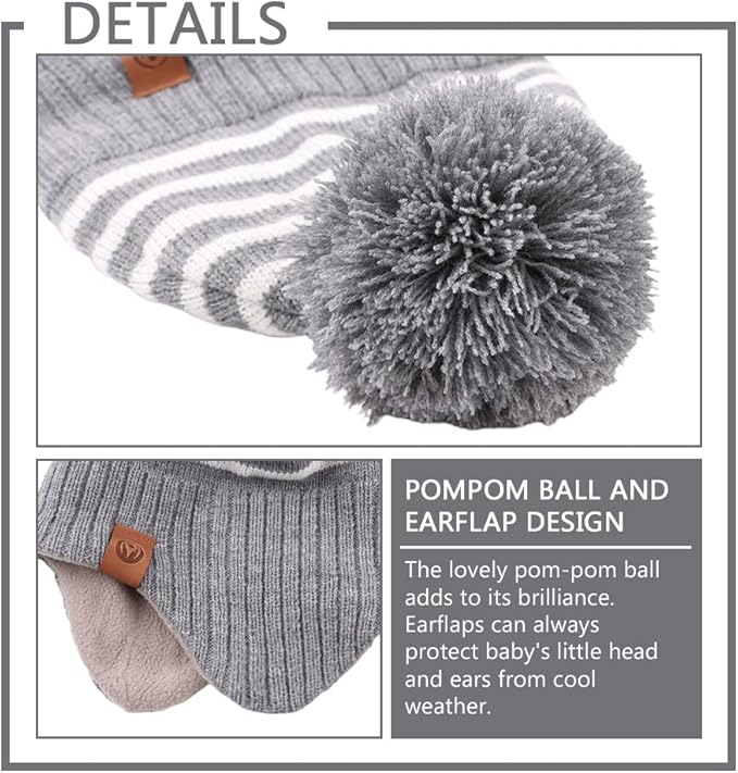 JANGANNSA Knitted Baby Hat Scarf Set Winter Warm Boys Girls Beanie Fleece Lining Toddler Kids Hats with Pompom