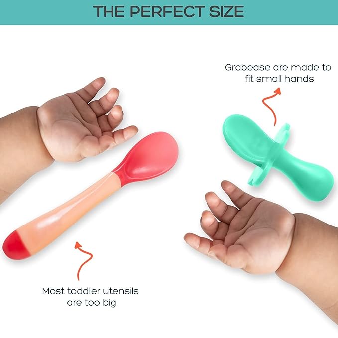 Grabease Baby Silverware Set - Toddler Spoon for Self-Feeding Support - Anti-Choke Collar Infant Fork - Phthalate-Free Construction Baby Feeding Utensils - Mint, Plastic, Pack of 1