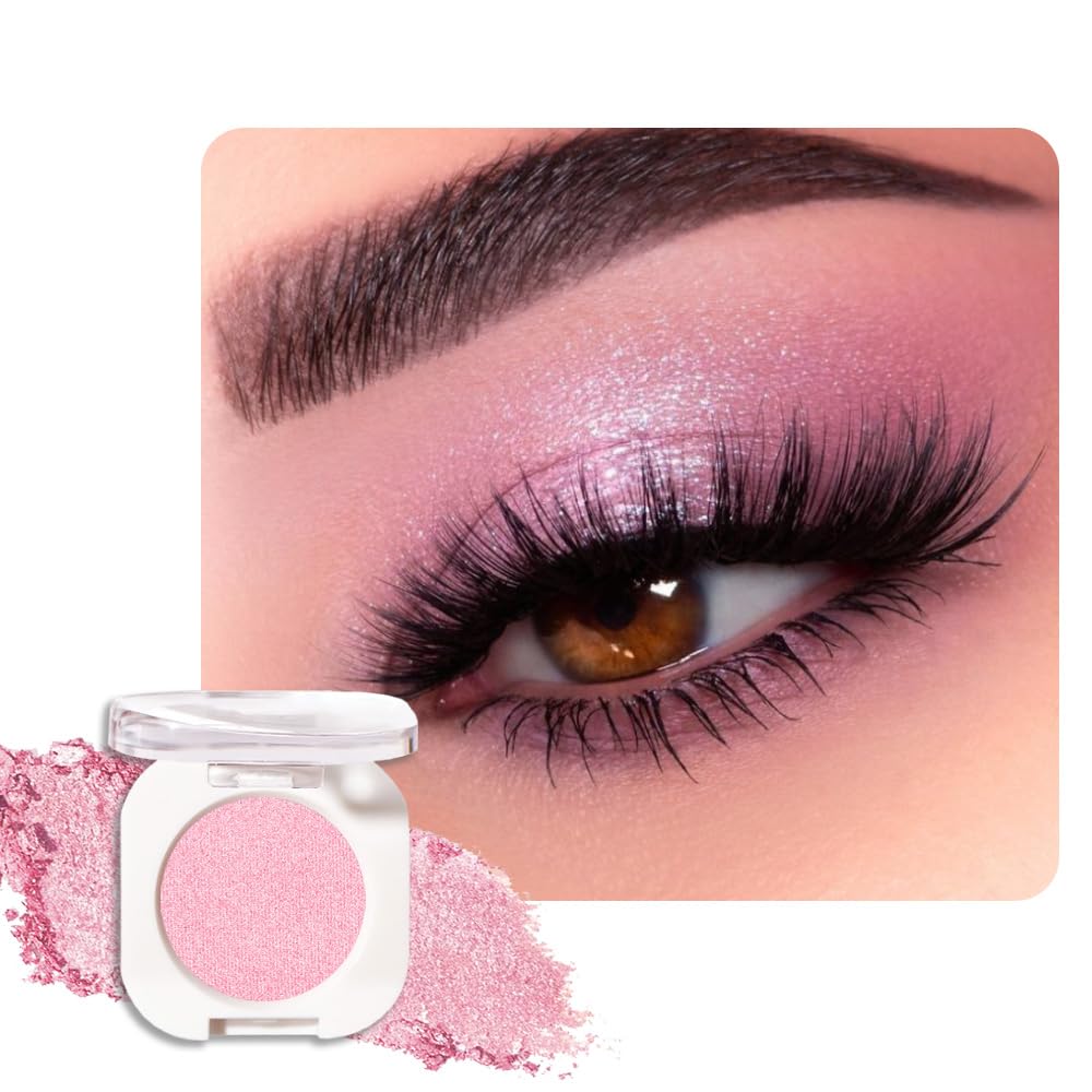 Pink Single Shimmer Eyeshadow Makeup, Neutral Powde Eye Shadow for Women, Bright Light Pink Rose Glitter Sparkle Singles Eyeshadow Palette Pigmented Waterproof, Girls Monochrome Eyeshadows Gift