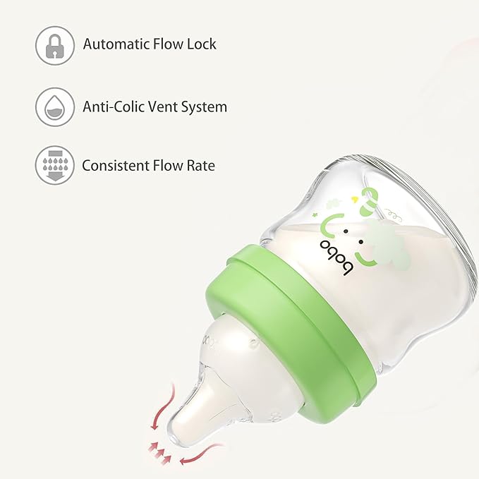 YOHKOH Glass Baby Bottles with Slow Flow Nipple, Newborn Anti-Colic Baby Bottles for 0+ Months, Wide Neck Feeding Bottle, Clear (Green, 2.7oz (Pack of 2))