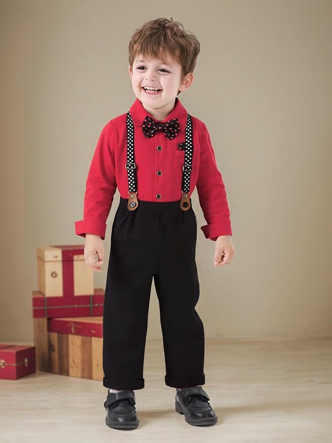 Boarnseorl Baby Boys Pants Sets,Toddler Gentleman Outfits, Infant Long Sleeve Shirt + Pants + Bow Tie + Suspenders