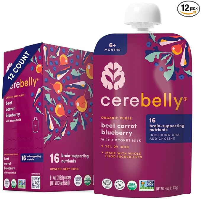 Cerebelly Organic Baby Food Pouches, Beet Carrot Blueberry Purees, 16 Nutrients, No Added Sugar, Fiber & Non-GMO, 4oz, 12 Pack
