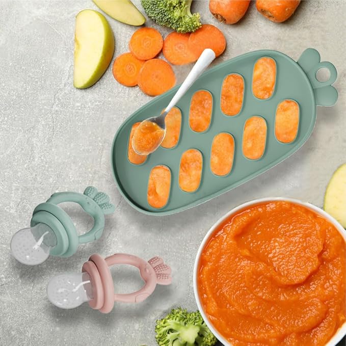 Baby Food Fruit Feeder, Breastmilk Baby Popsicle Molds, Silicone Teether Freezer Tray Food Feeder Pacifier for Teething Relief (Blue)