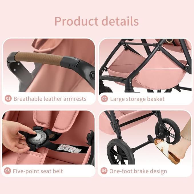 2 in 1 Baby Stroller, High Landscape Infant Stroller Pram Foldable Pushchair with Adjustable Canopy, Storage Basket, Suspension Wheels,5-Point Harness,Mom Bags (Brown)