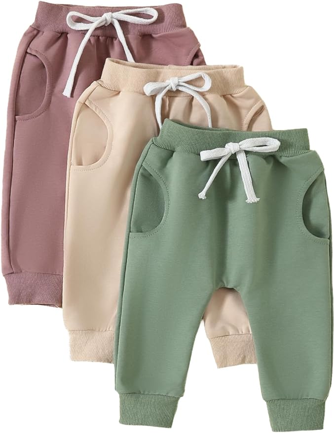 Sejardin Toddler Baby Boy Girl Pants 3 Pack Solid Color Elastic Waist Jogger Sweatpants Newborn Infant Casual Bottoms