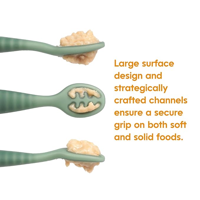 NumNum Baby Spoons Set, Baby Essentials Pre-Spoon GOOtensils for 12+ Months, First Stage Self-Feeding Spoons for Baby Led Weaning (BLW), Silicone Toddler Utensils, BPA-Free, 2 Pack Green