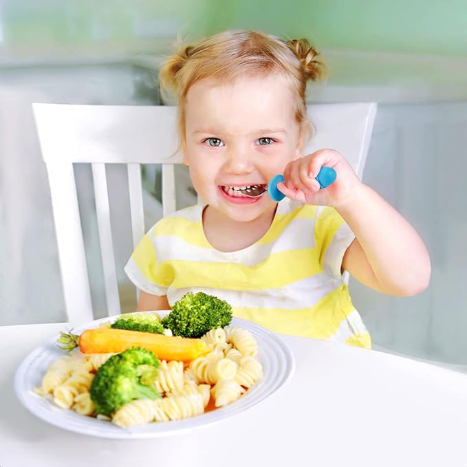 PandaEar 4 Set Baby Toddler Silicone Stainless Steel Utensils Silverware Spoon Fork for Baby Toddler BPA Free with Silicone Holding Anti-Choke Design (Blue&Grey)
