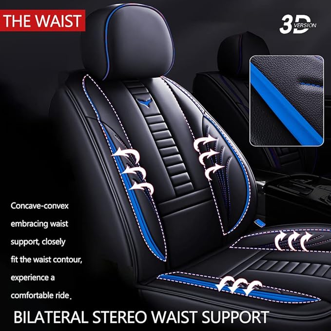 Waterproof 5 Car Seat Covers for Suzuki 1999-2025 95% Models, Premium Faux Leather Automotive Front and Back Seat Protectors Compatible with Airbag Black & Blue Line