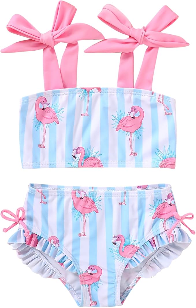 Toddler Swimsuit Girl Color Block Stripe Swimwear Baby Girl Summer Beach Bathing Suits Bikini Set with Ruffled Edges