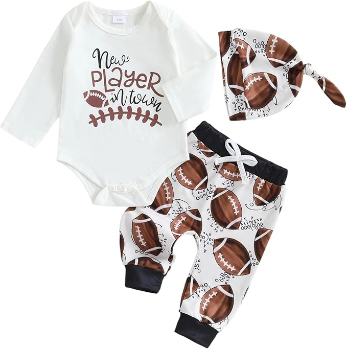 Baby Boy Hockey Outfit New Player in Town Long Sleeve Romper Long Pants Hat Set 3Pcs Newborn Fall Winter Clothes