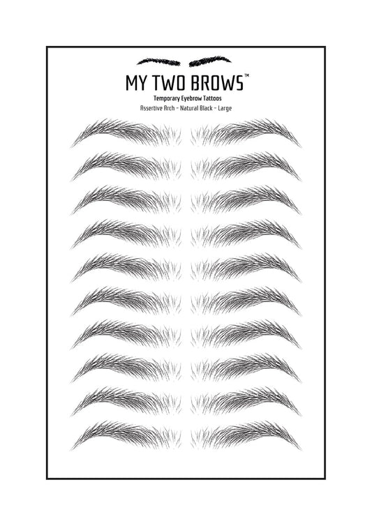 (10 pairs) Natural Black Temporary Eyebrow Tattoo - Large Size - Waterproof & Smudgeproof - Assertive Arch Style Eyebrow Stickers - Sheet Lasts up to 30 Days - Won't Work on Existing Brows
