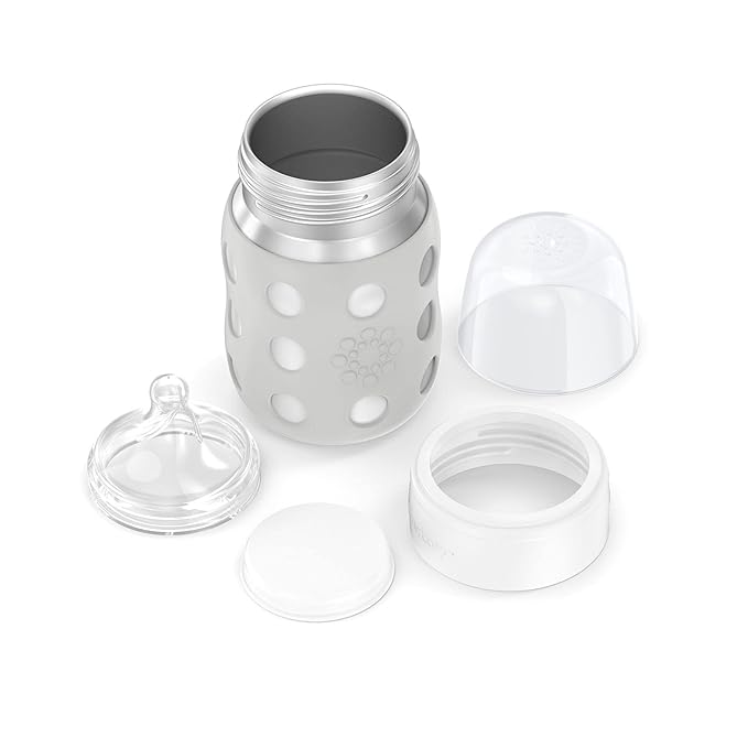 Lifefactory 8-Ounce Stainless-Steel Vacuum-Insulated Wide-Neck Baby Bottle with Stage 2 Nipple (3-6 Months) Stone Gray (LS2211WCG4)