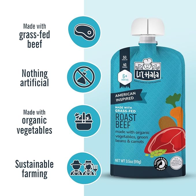 Li’l Hala Baby Food Pouches with Meat – Variety Pack of Toddler Puree Meals – Free-Range Chicken & Grass-Fed Beef – Organic Veggies, Protein & Healthy Fats – 6+ Months – 3.5 oz (6 Pack)