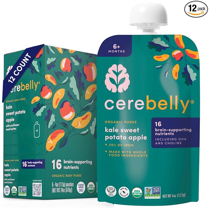 Cerebelly Organic Baby Food Pouches, Kale Sweet Potato Apple Purees, 16 Nutrients, No Added Sugar, Fiber & Non-GMO, 4oz, 12 Pack