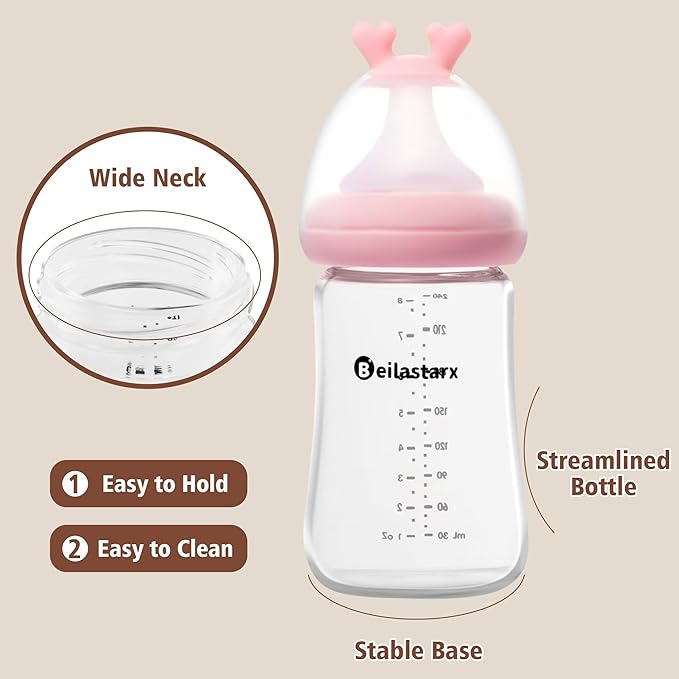 Glass Baby Bottles with Natural Response Nipple Size M - Anti Colic Baby Bottles Wide Neck Slow Flow Baby Bottle(Red, 8oz (Pack of 4))