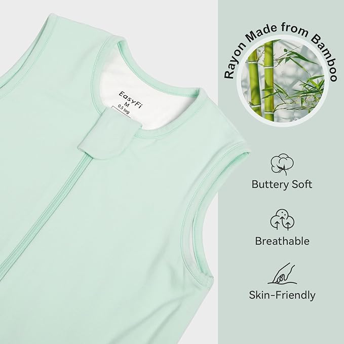 Rayon Made From Bamboo Sleep Sack 12-24 Months 0.5 Tog Ultra Soft Summer Toddler Sleep Sack 1t-2t with Feet 2-Way Zipper Lightweight Sleeping Bag Baby Wearable Blanket (2 Pack)-Green & Blue
