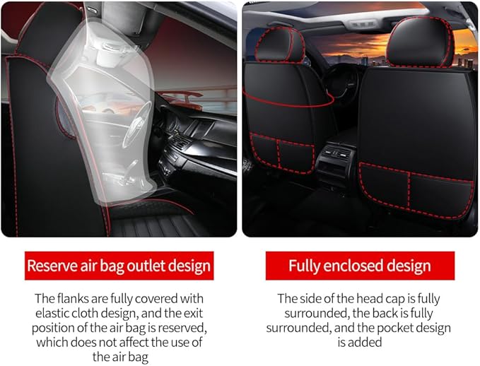 Leather Car Seat Covers for Toyota Corolla 2006-2024,Car Seat Covers Full Set,Seat Covers with Safety,Waterproof Seat Cover Compatible Airbag(5pcs Black&Red Bars Luxury)