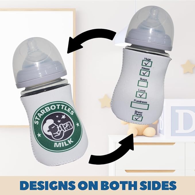 Coffee Themed Coozies for Baby Bottles - Funny Gift for New Parents & Baby Showers - (2 Premium Designed Neoprene Coozies + BPA/Lead/Phthalate Free Bottle Included) (Design 2)
