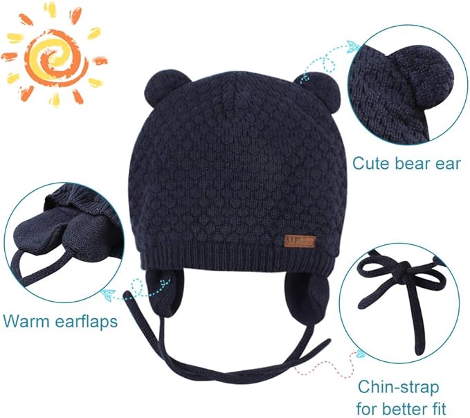 BAVST Baby Beanie Hat for Winter with Earfalp Cute Bear Kids Toddler Girls Boys Warm Knit Cap 0-2Years