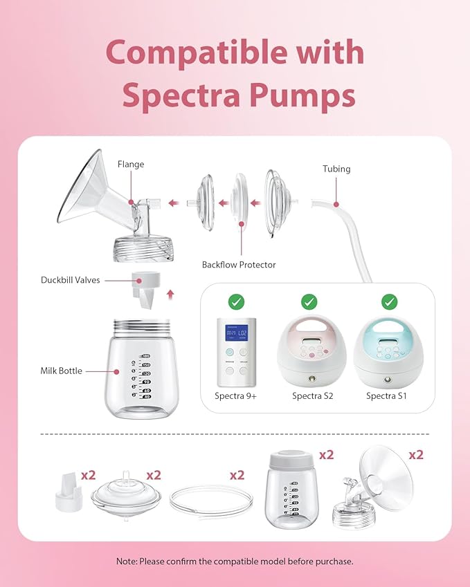 Breast Pump Parts Compatible with Spectra S1/S2/9 Plus, Not Original Accessories, Full Set Replacements Include 24mm Flanges, Valves, Backflow Protectors (Duckbills Included), Tubings and Bottles