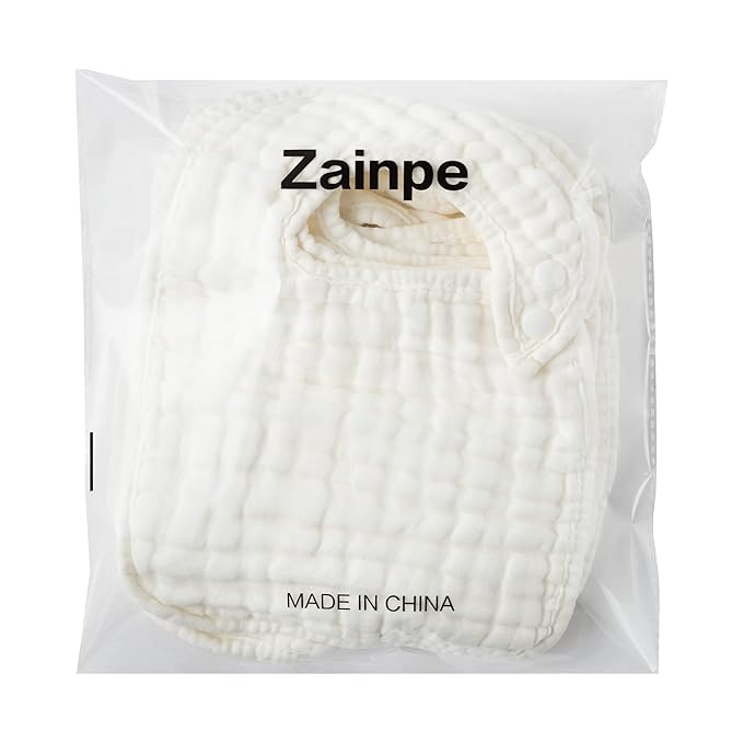 Zainpe 6Pcs Snap Muslin Cotton Baby Bibs White Adjustable Drool Bib with 6 Absorbent Soft Layers, Machine Washable Unisex Burp Cloths for 3 to 36 Months Boys Girls Infant Newborn Toddler
