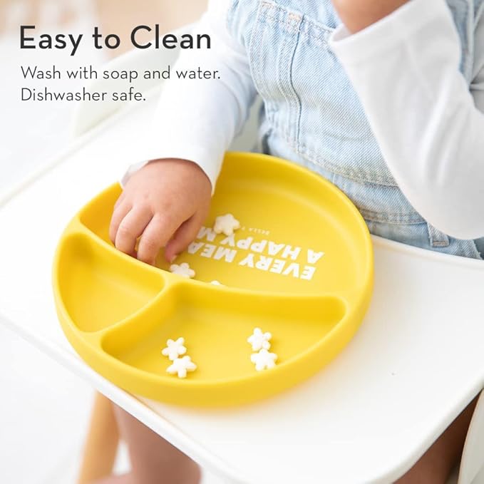 Bella Tunno Suction Plate for Babies & Toddlers, Self-Feeding Dish for Baby Led Weaning, Silicone Divided Plate, Sticks to Highchair Trays & Tables, Microwave & Dishwasher Safe, What’s on the Menu