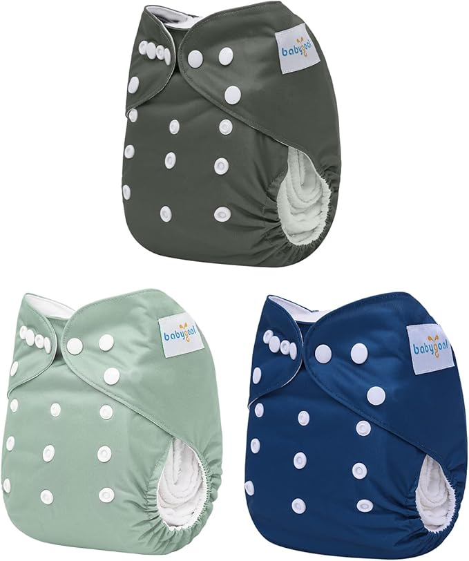 babygoal AWJ Cloth Diapers with Tummy Panel Pack of 7, 3 Diaper Cover with 3 Inserts and Wet Dry Bag, Adjustable Washable Reusable for Baby Girls and Boys