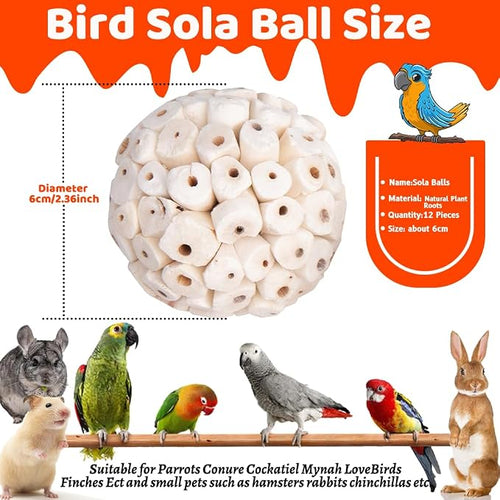 12 Pack Bird Toy Sola Balls, Natural Parrot Soft Chew Shredding & Foraging Toy - Image 2